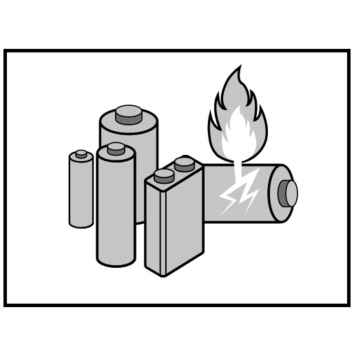 Illustration of various batteries with one bursting in flames, symbolising danger or overheating issues